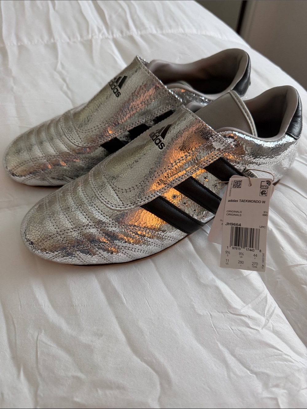 adidas Silver Metallic Sneakers with Black Stripes - Women
